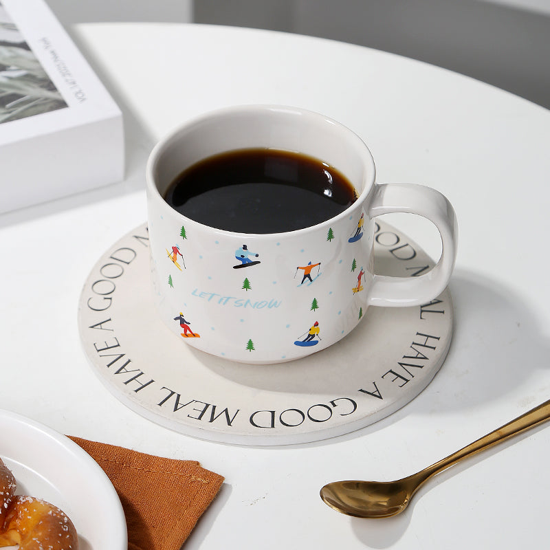 Winter skiing themed cartoon coffee cup